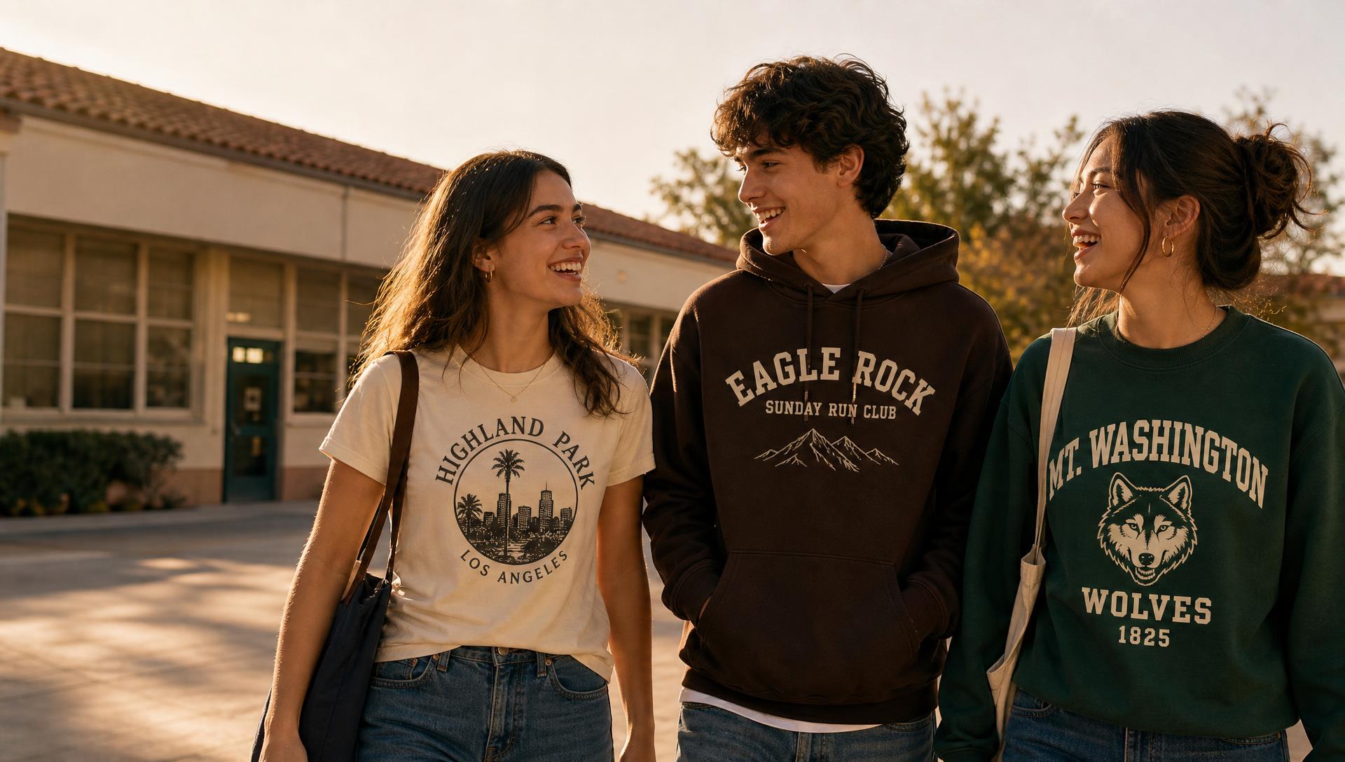 Kids and a teenager walking outside their school in community sweatshirts and hoodies