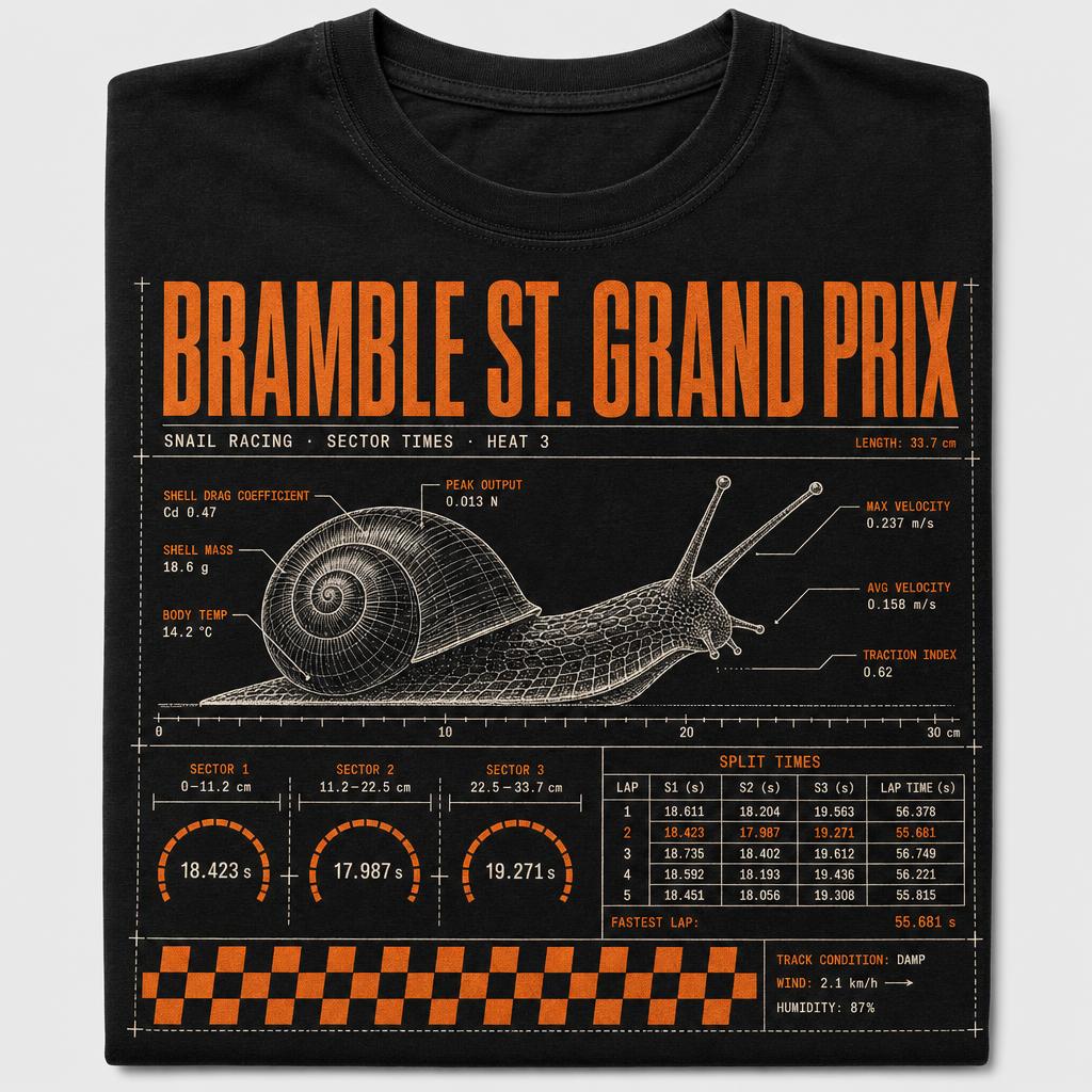 Black tee printed with a deadpan motorsport telemetry diagram of a racing garden snail under a Bramble St. Grand Prix headline