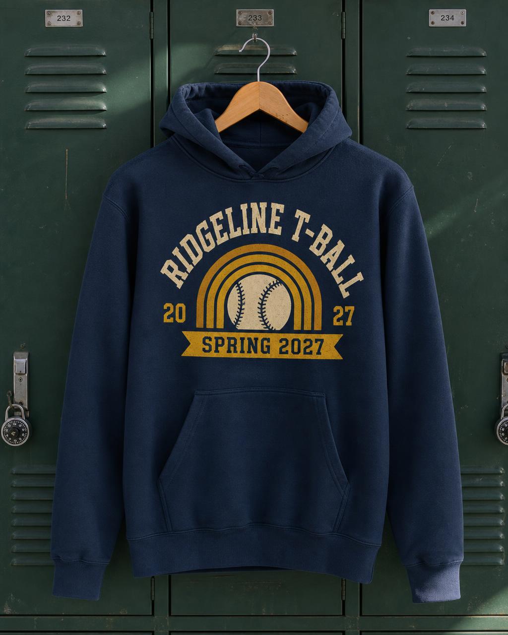 Navy hoodie with a rounded seventies Ridgeline T-Ball print